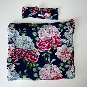 POSH PEANUT navy blue floral swaddle w/matching headband